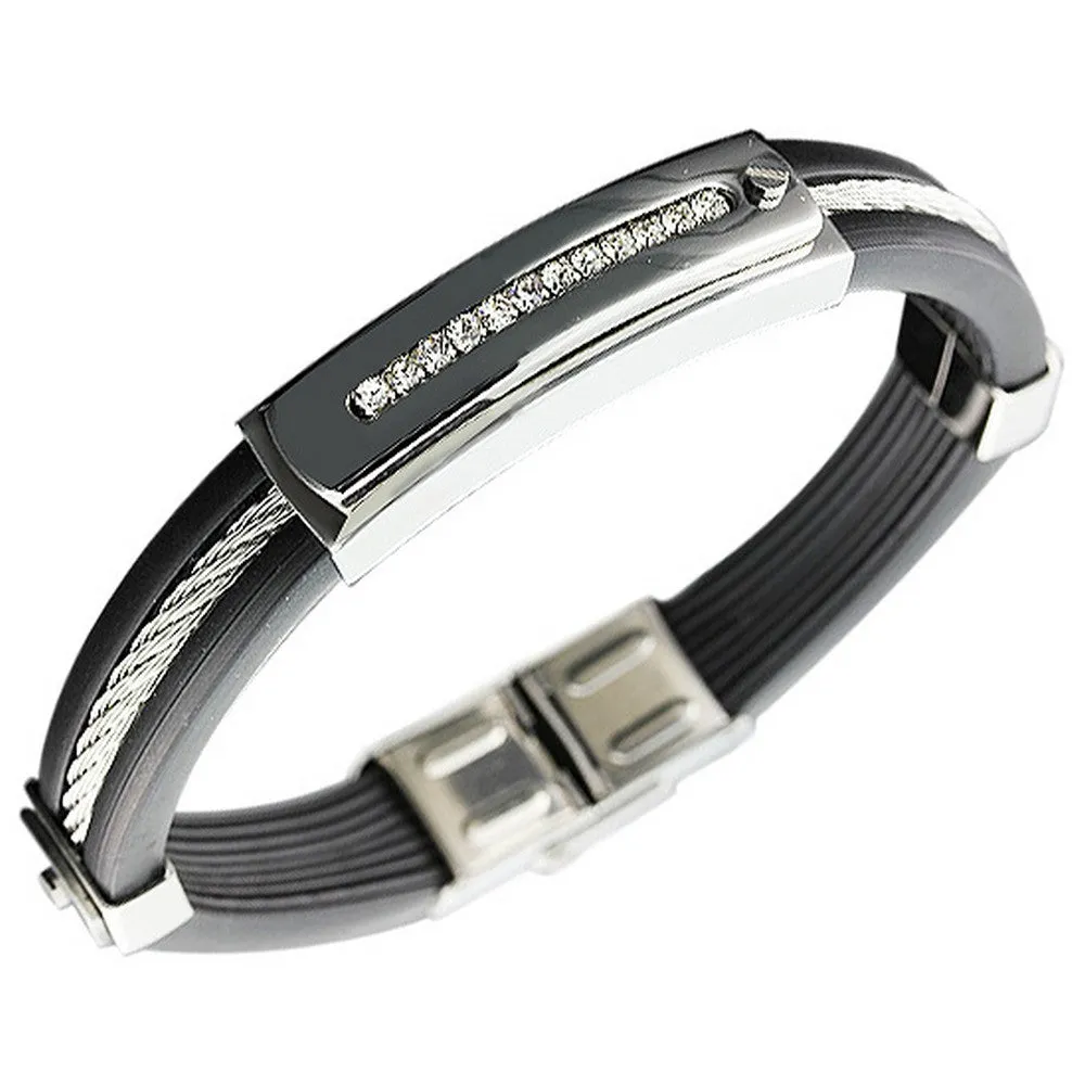 Stainless Steel Black Rubber Silicone Silver-Tone White CZ Men's Bracelet