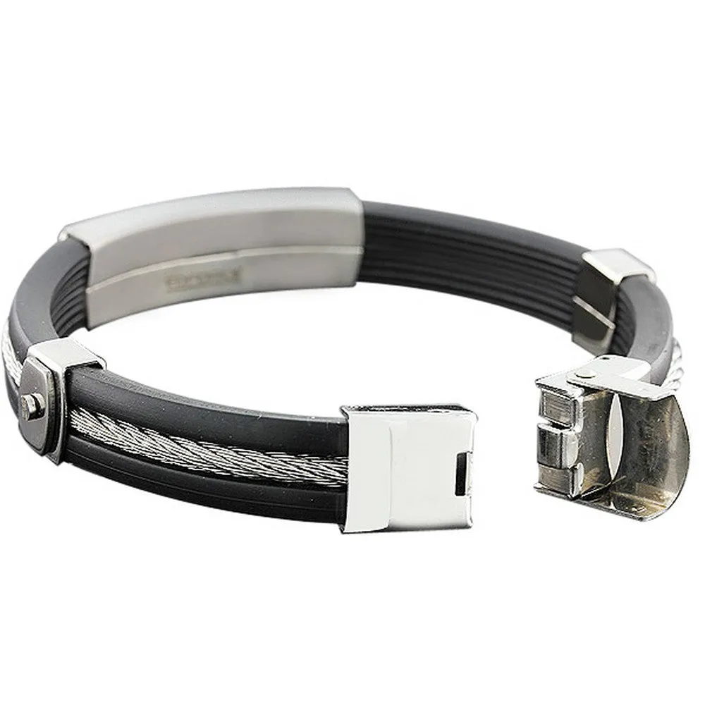 Stainless Steel Black Rubber Silicone Silver-Tone White CZ Men's Bracelet