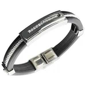 Stainless Steel Black Rubber Silicone Silver-Tone White CZ Men's Bracelet
