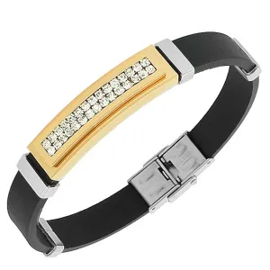 Stainless Steel Black Rubber Silicone Two-Tone White CZ Men's Bracelet