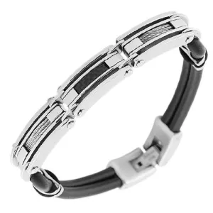 Stainless Steel Black Rubber Silver-Tone Twisted Cable Men's Clasp Bracelet