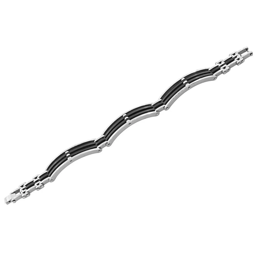 Stainless Steel Black Silver-Tone Rubber Silicone Men's Link Bracelet