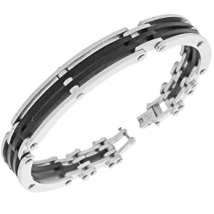 Stainless Steel Black Silver-Tone Rubber Silicone Men's Link Bracelet