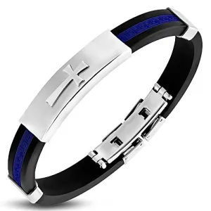 Stainless Steel Black White Rubber Greek Key Cross Mens Bracelet