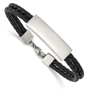Stainless Steel Polished Black Leather 2 Strand 7in ID Bracelet
