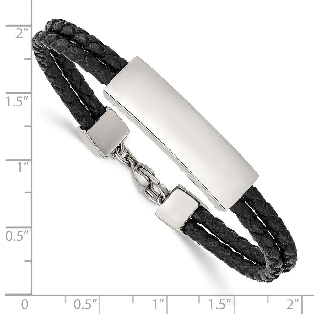Stainless Steel Polished Black Leather 2 Strand 7in ID Bracelet