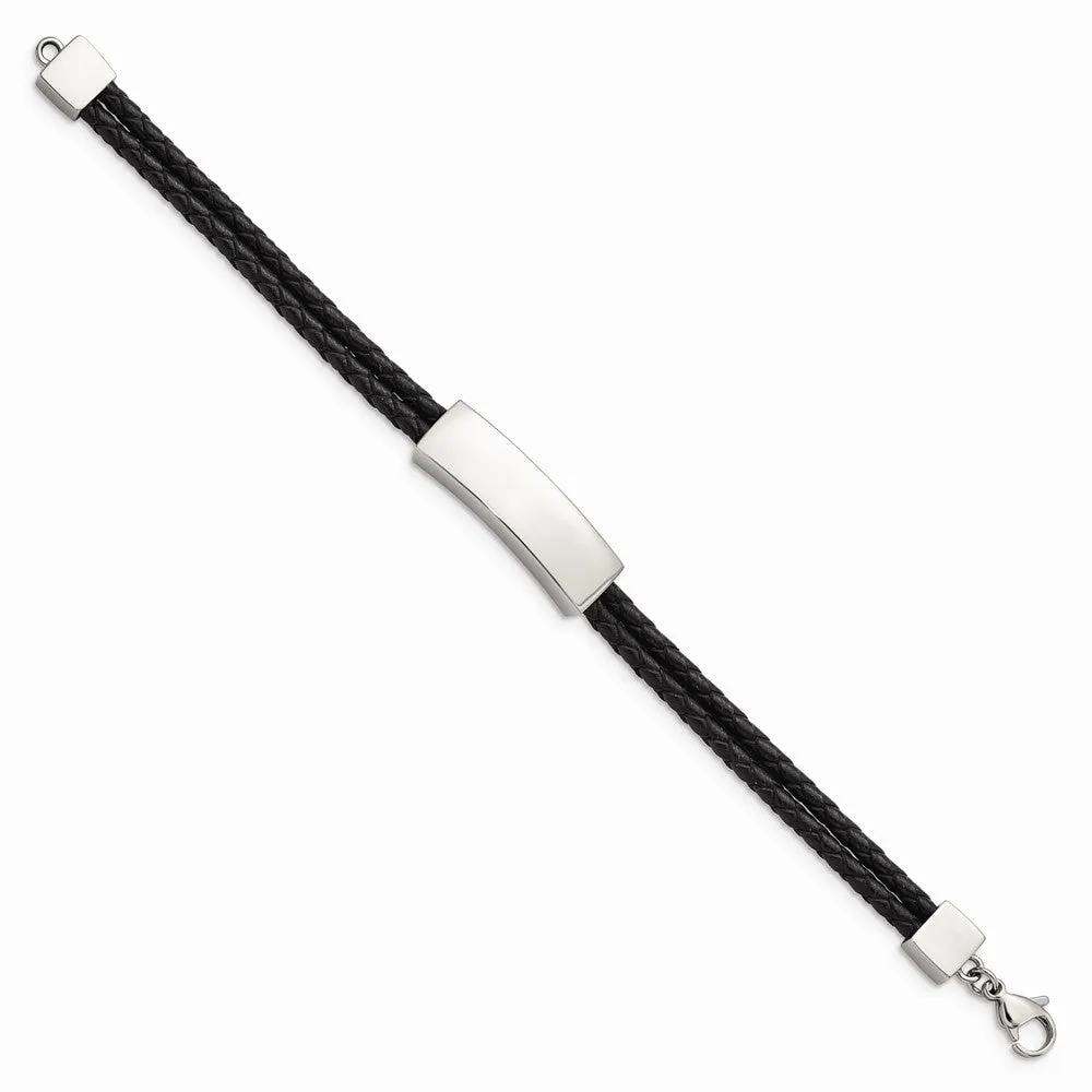 Stainless Steel Polished Black Leather 2 Strand 7in ID Bracelet