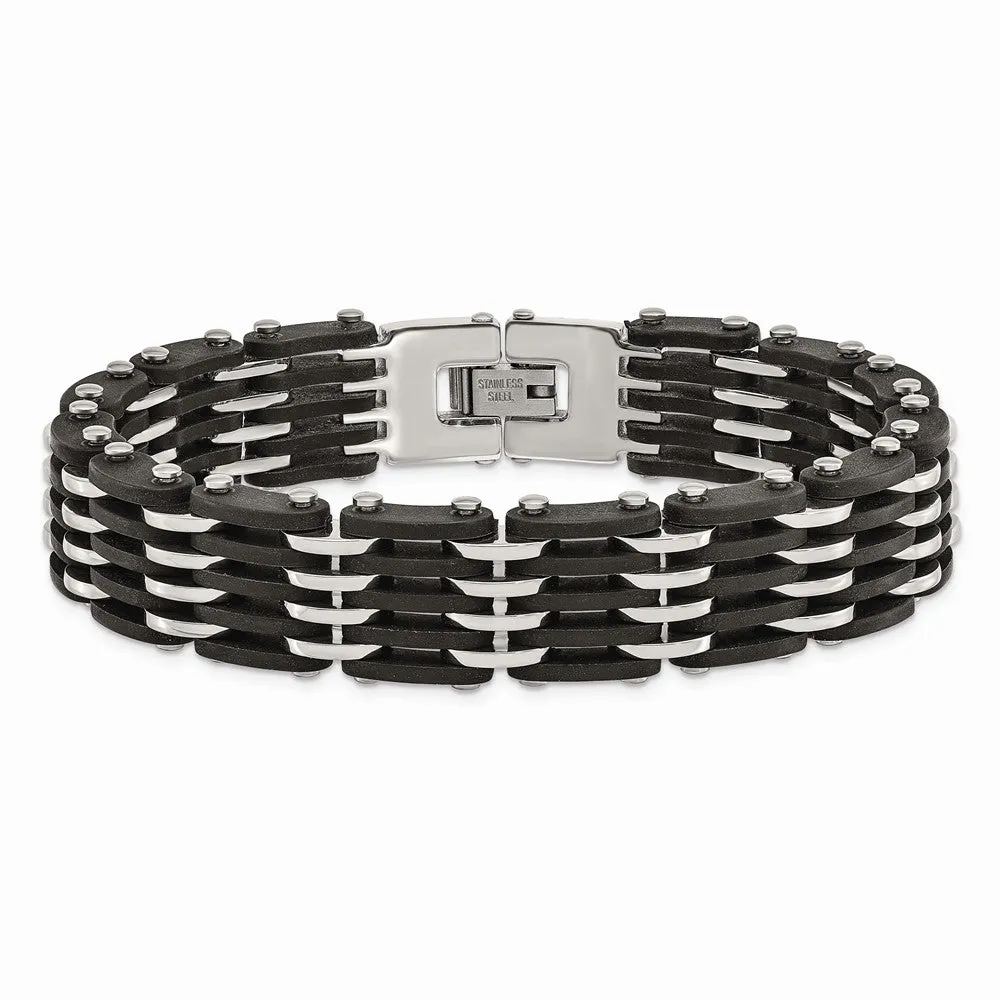 Stainless Steel Polished Black Rubber Bracelet