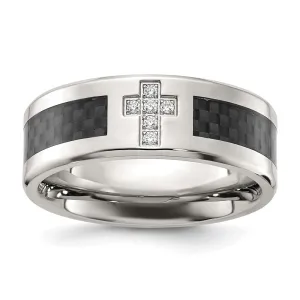 Stainless Steel Polished w/Black Carbon Fiber Inlay CZ Cross 8mm Band