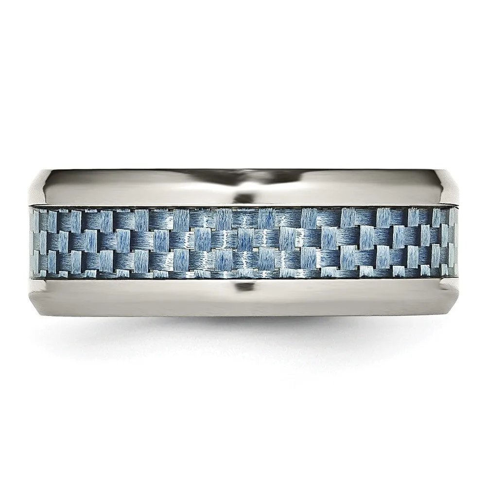 Stainless Steel Polished w/Light Blue Carbon Fiber Inlay 8mm Band