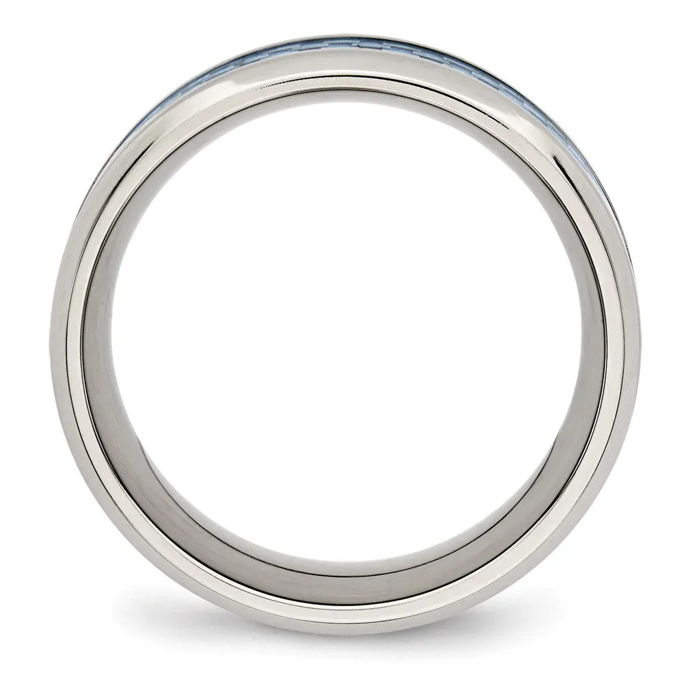 Stainless Steel Polished w/Light Blue Carbon Fiber Inlay 8mm Band