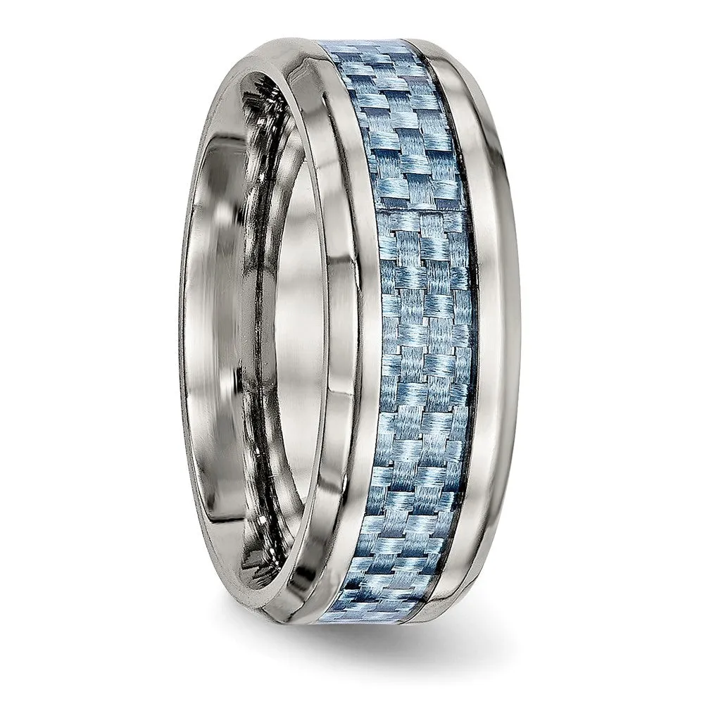 Stainless Steel Polished w/Light Blue Carbon Fiber Inlay 8mm Band