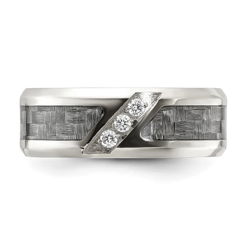 Stainless Steel Polsihed with Gray Carbon Fiber Inlay & CZ 8mm Band