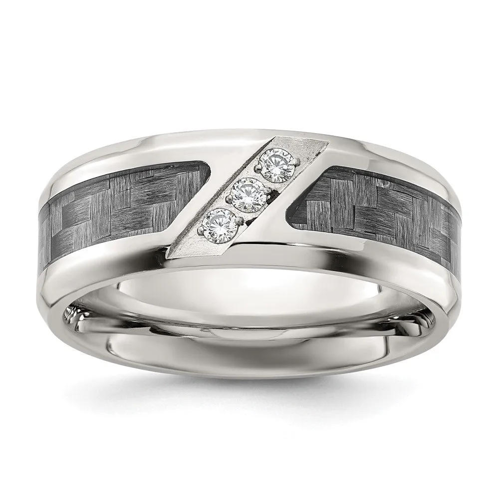 Stainless Steel Polsihed with Gray Carbon Fiber Inlay & CZ 8mm Band