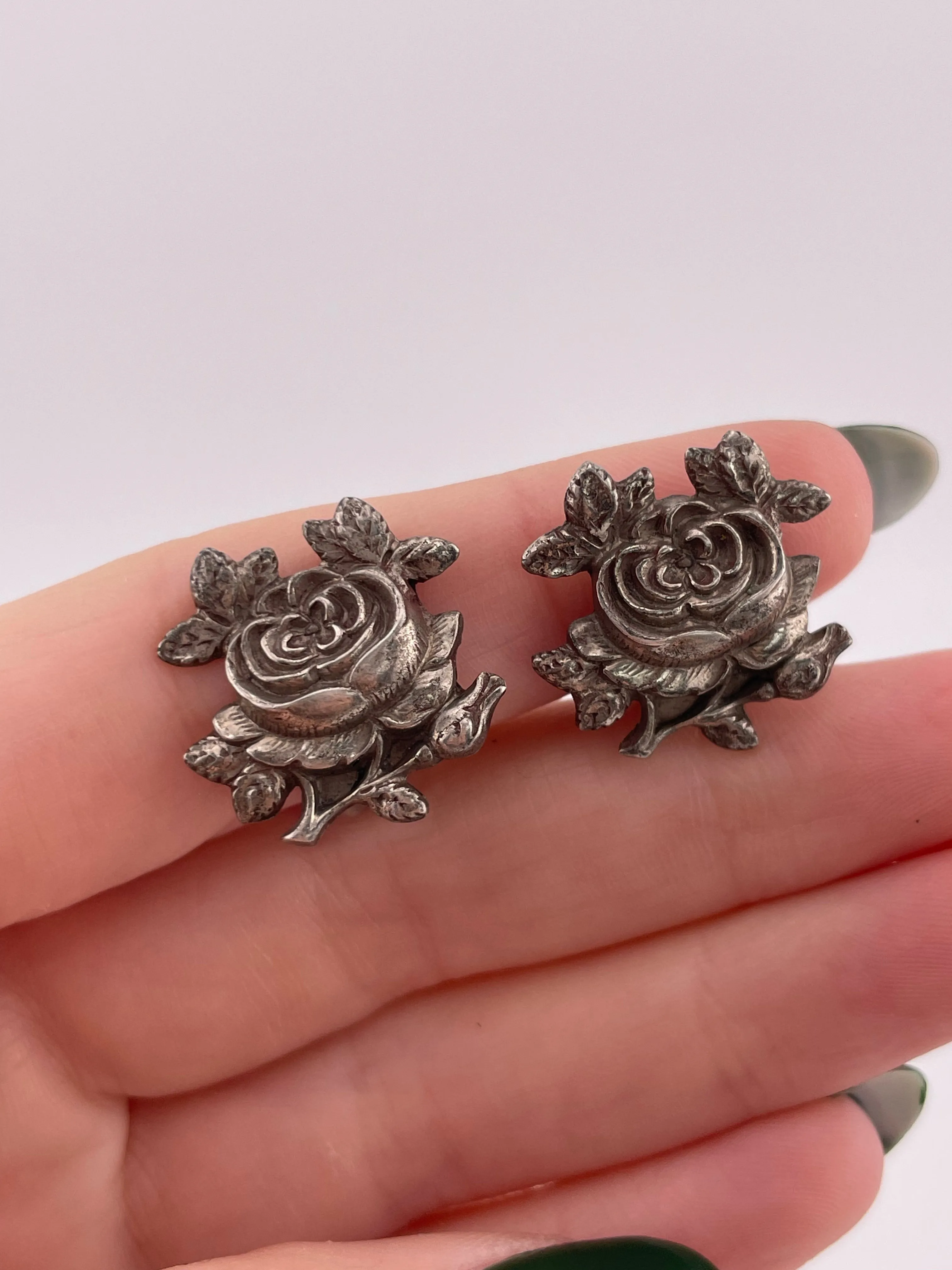 sterling silver rose flower clip-on earrings