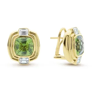 Studio Diamond and Peridot Cushion Cut Clip Earrings