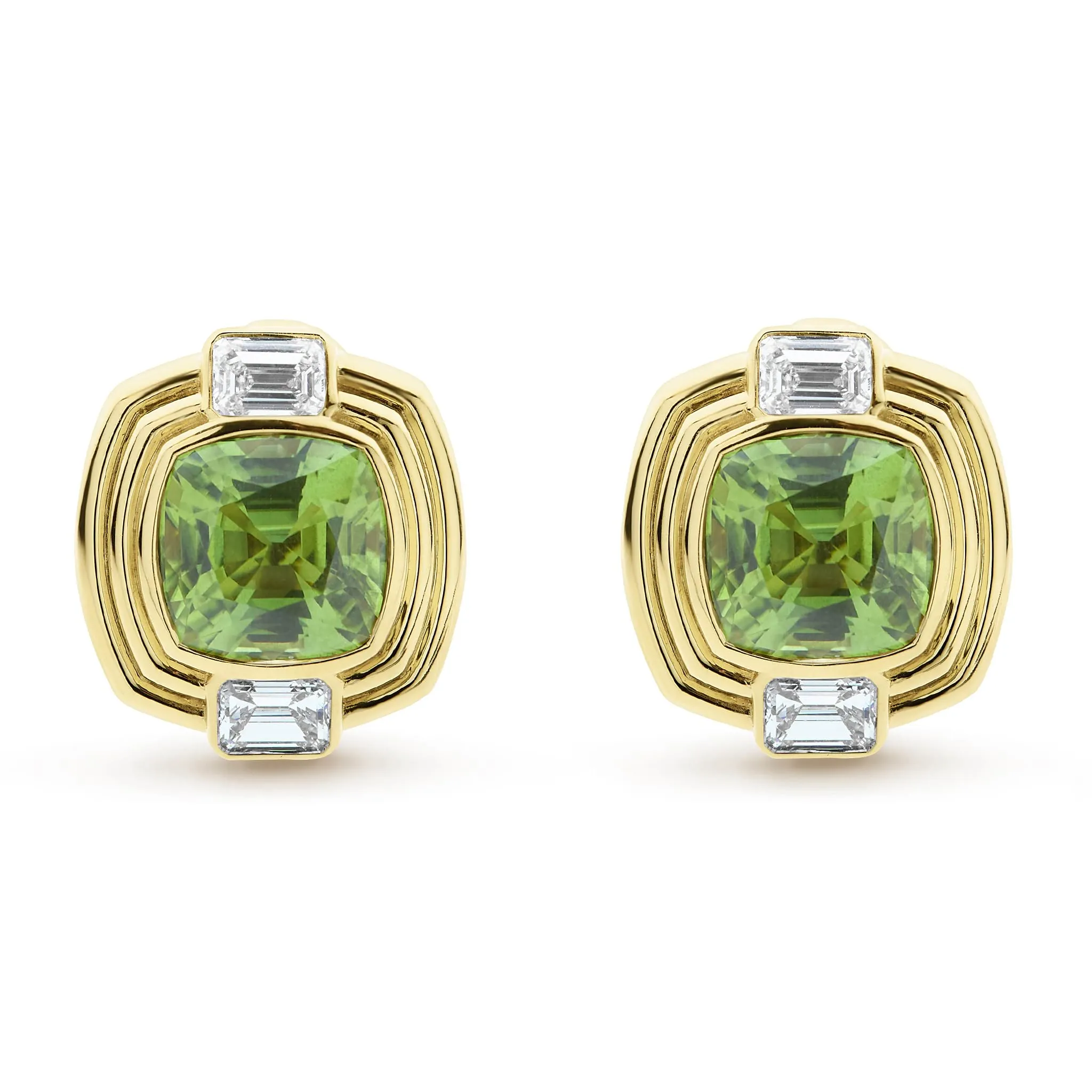 Studio Diamond and Peridot Cushion Cut Clip Earrings