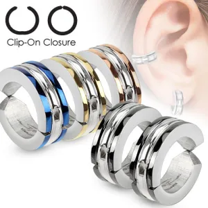 Stunning Stainless Steel Hinged Hoop Huggie Style Clip-On Earrings with Twin Racing Stripes. Available in 3 Colors.