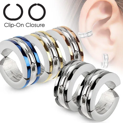Stunning Stainless Steel Hinged Hoop Huggie Style Clip-On Earrings with Twin Racing Stripes. Available in 3 Colors.