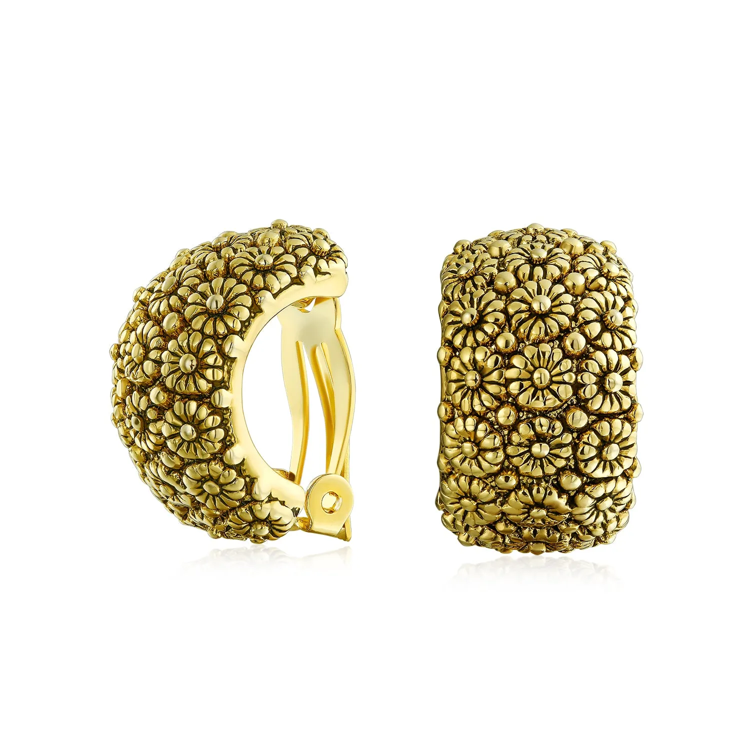 Sunflower Wide Half Hoop Clip-On Earrings for Non-Pierced Ears Gold Plated