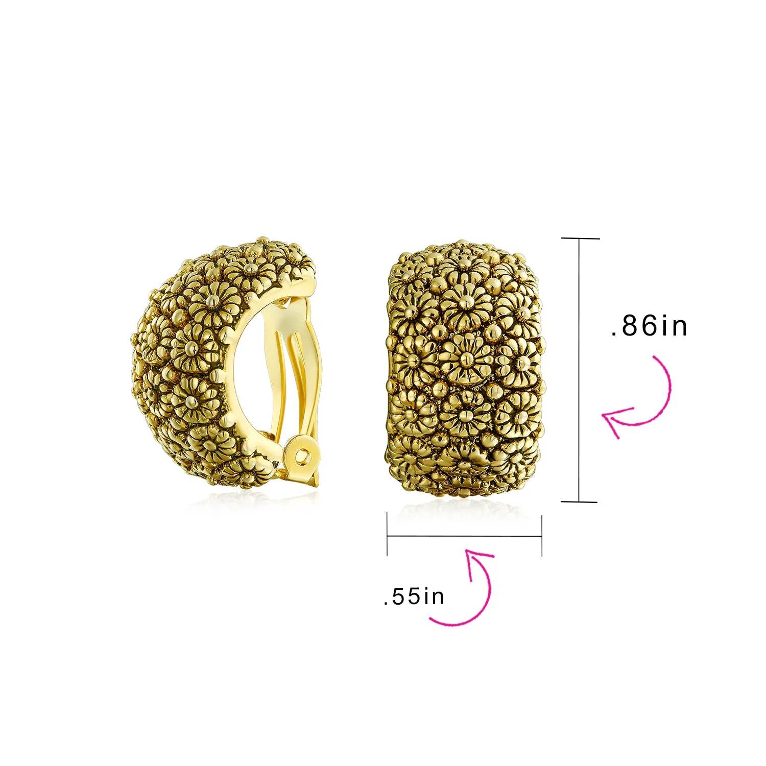 Sunflower Wide Half Hoop Clip-On Earrings for Non-Pierced Ears Gold Plated