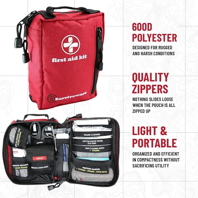 Surviveware Comprehensive Premium Survival First Aid Kit Emergency Medical Kit for Travel Camping Gear, Home Essentials and Outdoor Emergencies - Small, Red