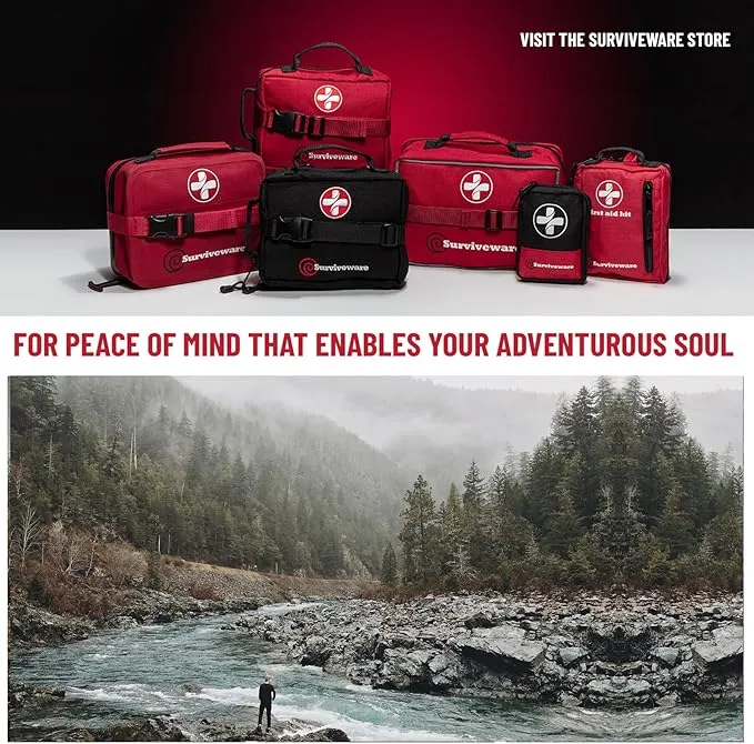 Surviveware Comprehensive Premium Survival First Aid Kit Emergency Medical Kit for Travel Camping Gear, Home Essentials and Outdoor Emergencies - Small, Red