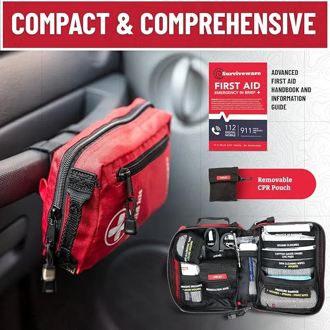 Surviveware Comprehensive Premium Survival First Aid Kit Emergency Medical Kit for Travel Camping Gear, Home Essentials and Outdoor Emergencies - Small, Red