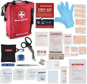 Surviveware Comprehensive Premium Survival First Aid Kit Emergency Medical Kit for Travel Camping Gear, Home Essentials and Outdoor Emergencies - Small, Red