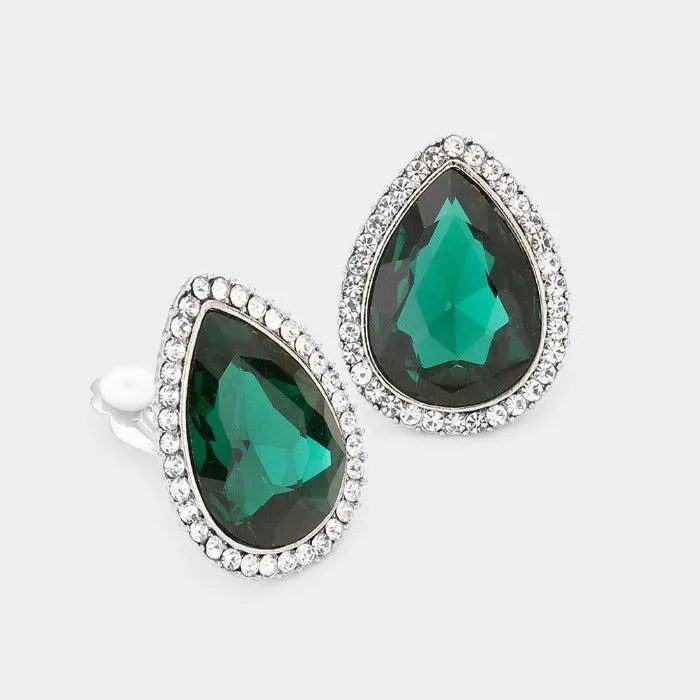 Teardrop Emerald Green Crystal Rhinestone Clip On Earrings