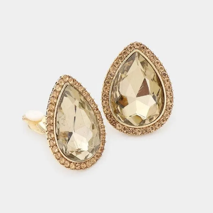 Teardrop Topaz Crystal Rhinestone Clip On Earrings