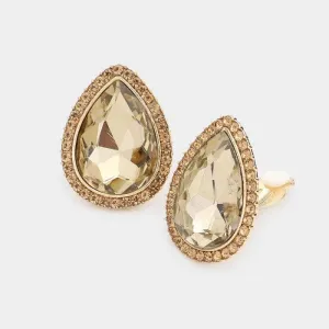 Teardrop Topaz Crystal Rhinestone Clip On Earrings