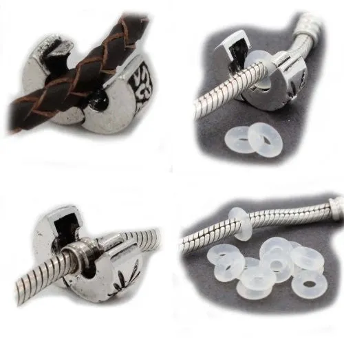 Ten Silver Tone Clip Lock Bead Charms with Rubber Stopper O-rings