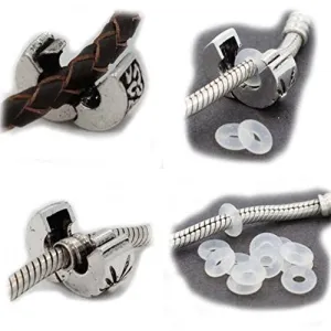 Ten Silver Tone Clip Lock Bead Charms with Rubber Stopper O-rings