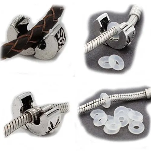 Ten Silver Tone Clip Lock Bead Charms with Rubber Stopper O-rings