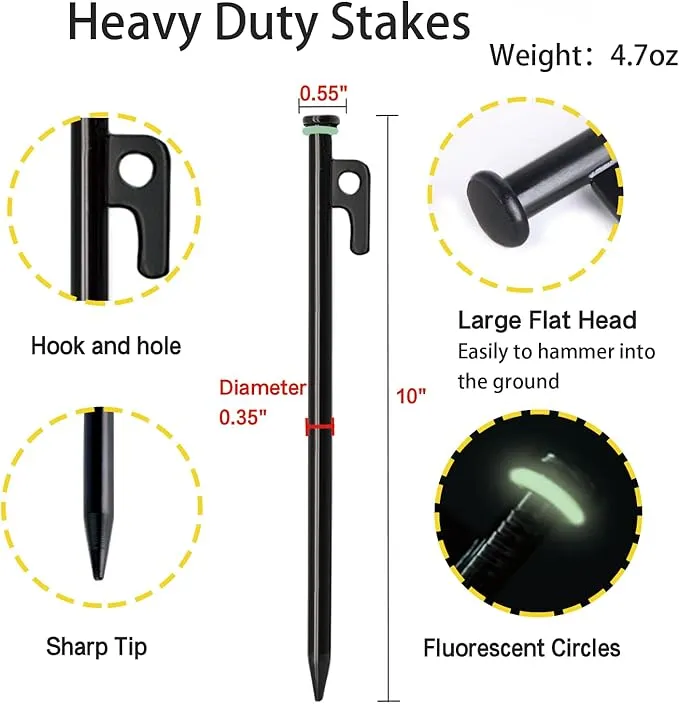 Tent Stakes, 12Pcs 10in Heavy Duty Forged Steel Tent Stakes  Storage Pouch, Metal Tent Stakes, Metal Stakes for Tent Used on Rocks, Snowfield, Dessert, Stormy Weather (12Pcs 10in Tent Stakes)