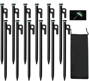 Tent Stakes, 12Pcs 10in Heavy Duty Forged Steel Tent Stakes  Storage Pouch, Metal Tent Stakes, Metal Stakes for Tent Used on Rocks, Snowfield, Dessert, Stormy Weather (12Pcs 10in Tent Stakes)