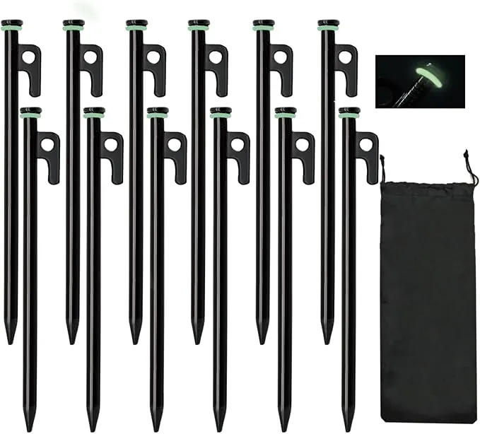 Tent Stakes, 12Pcs 10in Heavy Duty Forged Steel Tent Stakes  Storage Pouch, Metal Tent Stakes, Metal Stakes for Tent Used on Rocks, Snowfield, Dessert, Stormy Weather (12Pcs 10in Tent Stakes)
