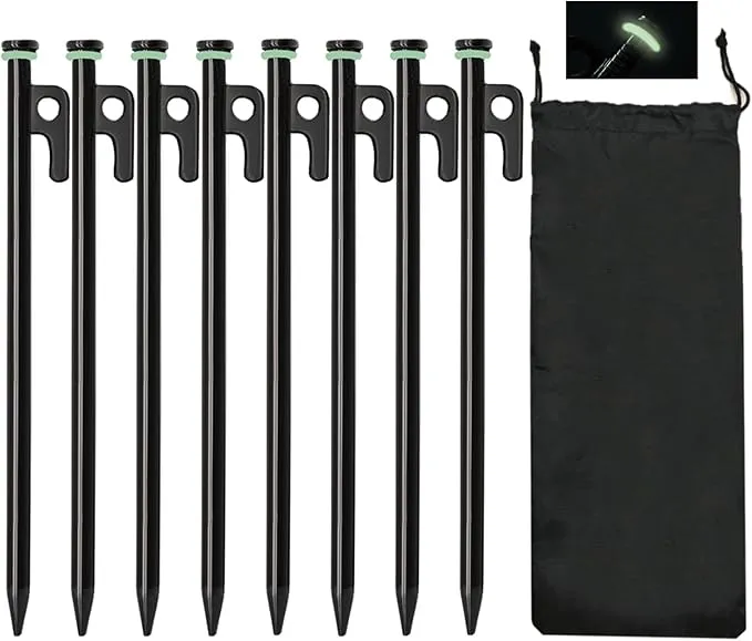 Tent Stakes, 8Pcs 10in Heavy Duty Forged Steel Tent Stakes  Storage Pouch, Metal Tent Stakes, Metal Stakes for Tent Used on Rocks, Grassland, Dessert, Stormy Weather（8Pcs 10in Tent Stakes）