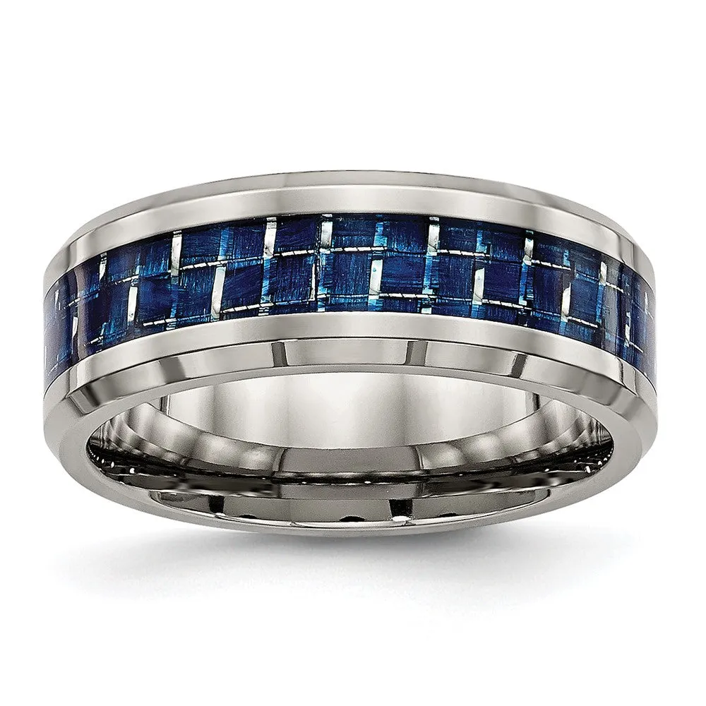 Titanium Polished w/Blue Carbon Fiber Inlay 8mm Beveled Edge Band