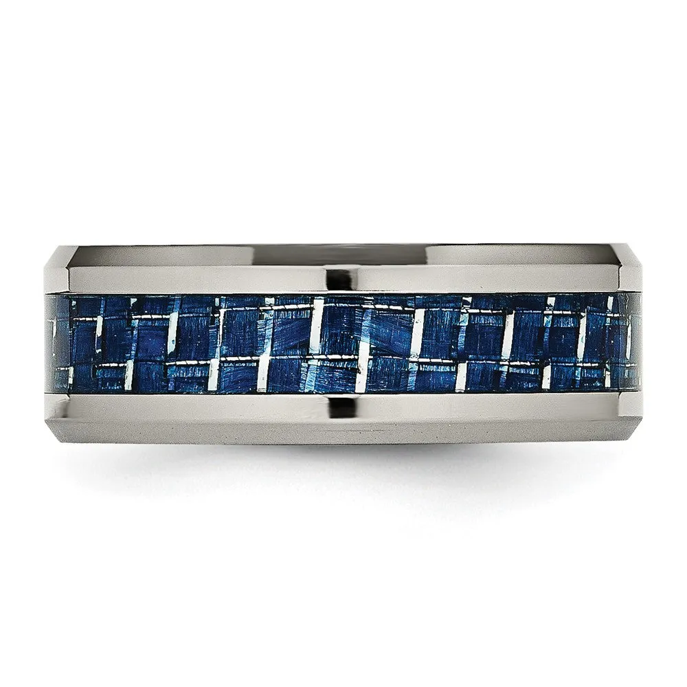 Titanium Polished w/Blue Carbon Fiber Inlay 8mm Beveled Edge Band