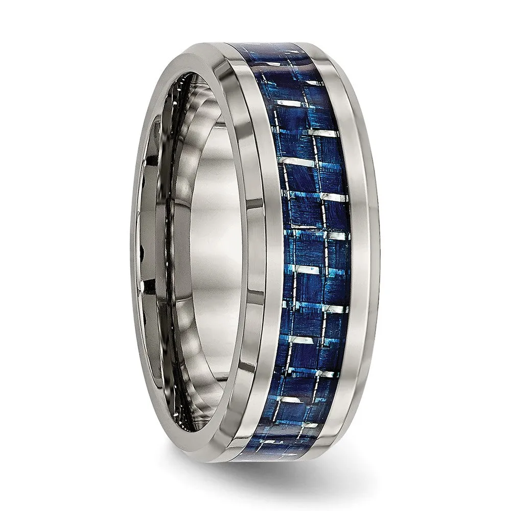 Titanium Polished w/Blue Carbon Fiber Inlay 8mm Beveled Edge Band