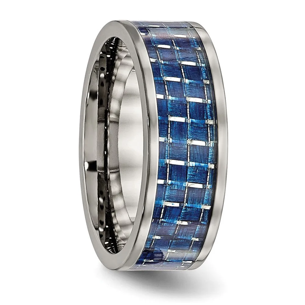 Titanium Polished w/Blue Carbon Fiber Inlay 8mm Flat Band