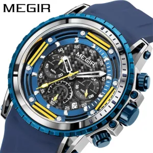 Trend Design New Blue Silicone Band MEGIR Men&#39;s Watches Luminous Chronograph Sports Watch Waterproof Quartz Wristwatches