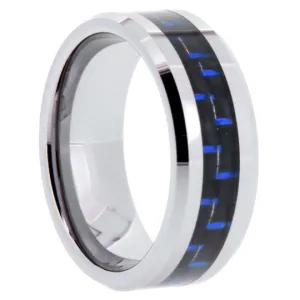 Tungsten Rings Blue Carbon Fiber Inlay Wedding Bands 8mm Wide Comfort Fit Size 5 to 13   Half Sizes