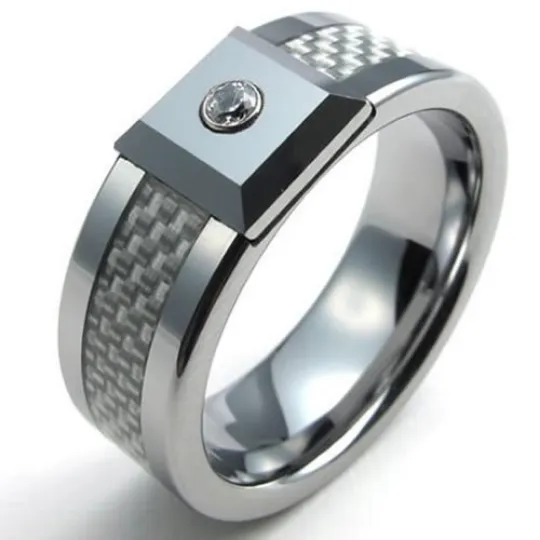Tungsten Rings Carbon Fiber Inlay Genuine Diamond Wedding Bands 8mm Comfort Fit Size 8 to 14