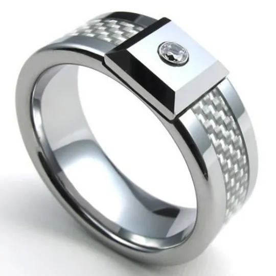 Tungsten Rings Carbon Fiber Inlay Genuine Diamond Wedding Bands 8mm Comfort Fit Size 8 to 14