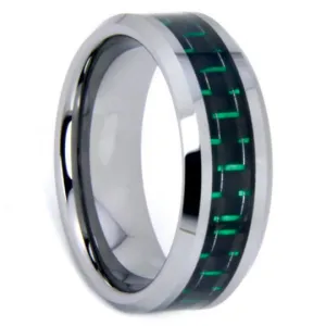 Tungsten Rings Green Carbon Fiber Inlay Wedding Bands 8mm Wide Comfort Fit Size 7 to 12.5   Half Sizes