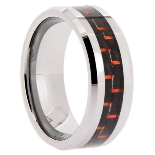 Tungsten Rings Red Carbon Fiber Inlay Wedding Bands 8mm Wide Comfort Fit Size 8 to 13   Half Sizes