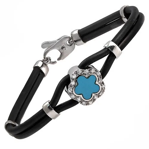 Turquoise Flower & Diamond, 18k White Gold in Balck Rubber Bracelet